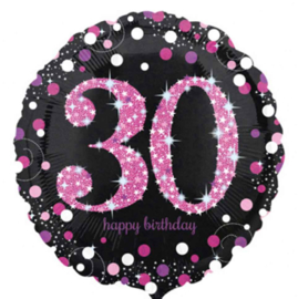 30 - Folie Ballon-Happy Birthday -Confetti - Fuchsia / Zwart  17 Inch / 43 cm.