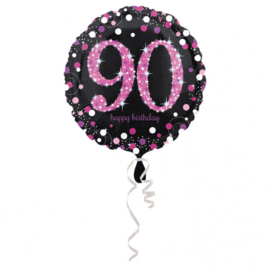 90 - Folie Ballon- Happy Birthday -Confetti - Fuchsia / Zwart  17 Inch / 43 cm.