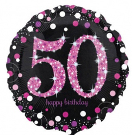 50 - Folie Ballon-Happy Birthday -Confetti  - Fuchsia / Zwart  17 Inch / 43 cm.