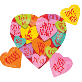 LOVE YOU, XOXO,HUGS,KISSES, ENZ - Snoep hartje tekst- XL Folie Ballon - 27 Inch/68cm