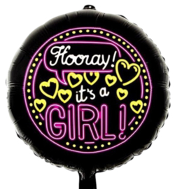 Hooray It's a Girl!- Neon Roze- Ronde Folie Ballon = 18 inch/45 c