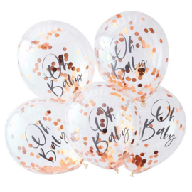 Confetti Ballonnen -Rose Goud - Oh Baby! opdruk -Doorzichtige Latex Ballonnen- 12 Inch/ 30 cm - 5 st.
