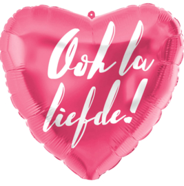 Oh la liefde! - Hart folie ballon - Fuchsia Roze met wit opschrift - 18 inch/45cm