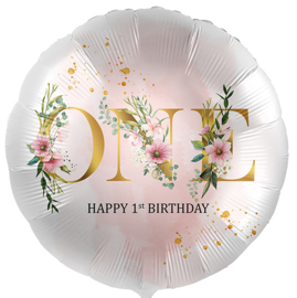 One Happy 1e Birthday-  Bloemen -Folie Ballon - 17 Inch/43cm