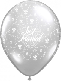 Just Married - Zilver - Bloemen - Latex Ballon - 11 Inch/ 27,5 cm