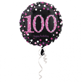 100  - Folie Ballon-Happy Birthday -Confetti - Fuchsia / Zwart  17 Inch / 43 cm.