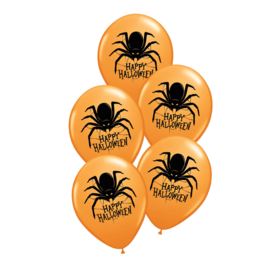 Happy Halloween - Oranje Latex Ballon - Zwarte Spin - 11 Inch/27,5 cm