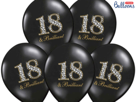 18 & Brilliant - Zwart, Goud Latex Ballon - 12 Inch/30 cm