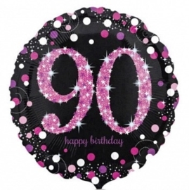 90 - Folie Ballon- Happy Birthday -Confetti - Fuchsia / Zwart  17 Inch / 43 cm.