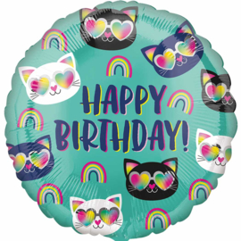 Happy Birthday- Regenboog / Cool Katten Koppen - 17 Inch/43 cm