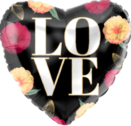 LOVE - Hart Folie ballon -Bloemen en een zwarte achtergrond - 18 inch/46cm