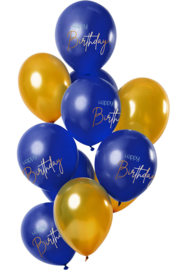 Happy Birthday- Blauw / Goud Latex Ballonnen - 12 Inch/30 cm - 12 st.