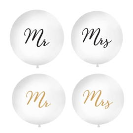 Mega latexballon- Mr  of  Mrs  - ballon huwelijk bruiloft - decoratie mega grote ballon -  90 cm - wit - helium of lucht ballonplus