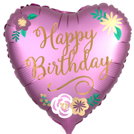 Happy Birthday - Lila Bloemen - Hart Folie Ballon - 18 inch/45cm