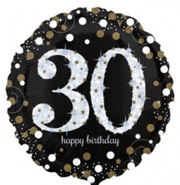 30 -  Folie Ballon-Happy Birthday -Confetti  - Zilver / Zwart  17 Inch / 43 cm.