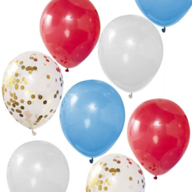 Koningsdag ballonnen set - Rood/ Wit/ Blauw / Confetti print -  12 Inch/30 cm - 8 st