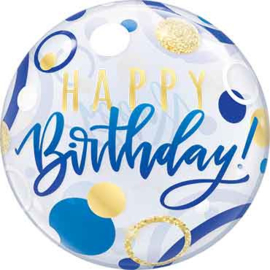 Happy Birthday - Doorzichtige Bubbles Ballon - Blauw/Goud - 22 Inch/56cm