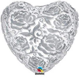 Roses -  transparante hartjes ballon - zilveren bloemen opdruk -24 inch