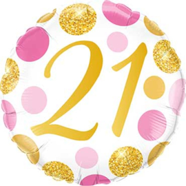 21 Folie ballon - Wit met Roze en Gouden Opdruk -18 inch/45cm
