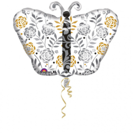 Vlinder - Wit/Zilver/ Goud - bloemen print - Folie ballon - L - 13 x 18 inch / 33 x 45 cm