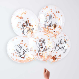 Confetti Ballonnen -Rose Goud - Oh Baby! opdruk -Doorzichtige Latex Ballonnen- 12 Inch/ 30 cm - 5 st.