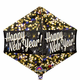 Happy New Year ballon - Confetti - Goud / Zilver / Zwart - Hoekige folie Ballon - 17 x 21 Inch / 43 x 53 cm