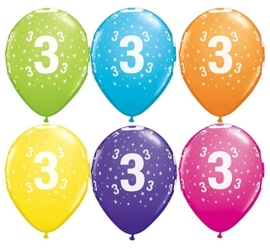 3 - nummer - div. Kleuren - latex ballon -11 inch/27,5cm