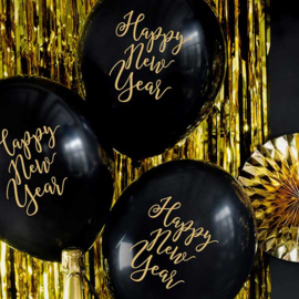 Happy New Year - Zwart / Goud  - Latex Ballon - 12 inch /30 cm - 6 st.