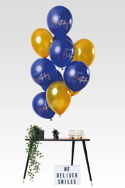 Happy Birthday- Blauw / Goud Latex Ballonnen - 12 Inch/30 cm - 12 st.