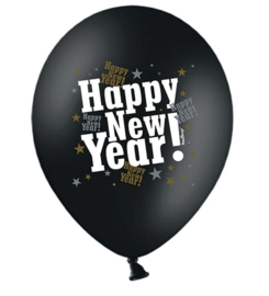 Happy-new-year!- zwarte-ballon wit, zilver en gouden letters-gelukkignieuwjaar-oud en nieuw-ballon