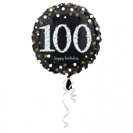 100  - Folie Ballon-Happy Birthday -Confetti  - Zilver / Zwart  17 Inch / 43 cm.