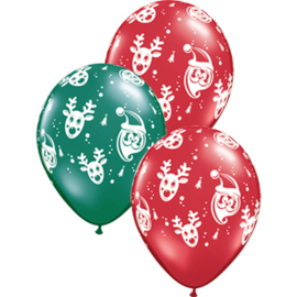 Kerstman en Rudolph - Rood/Groen - Latex Ballon - 11 Inch. / 27,5 cm  - 5st.