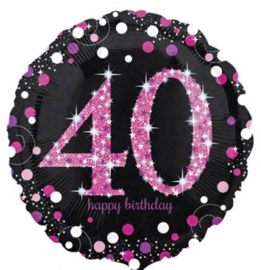 40 -  Folie Ballon-Happy Birthday -Confetti  - Fuchsia / Zwart  17 Inch / 43 cm.