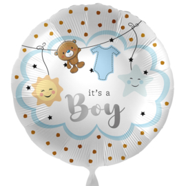 It's a Boy -waslijntje - Blauw- Rond Folie Ballon 17 Inch/43cm