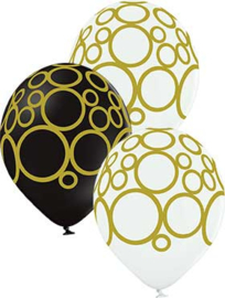 Zwart, Wit ballonnen met Circels opdruk - 12 Inch / 30 cm- 6 st.