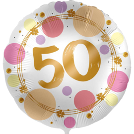 50 - Folie Ballon- rond - satijn wit met stippen in het roze/goud -18 inch /45cm