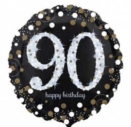90  - Folie Ballon-Happy Birthday - Confetti  - Zilver / Zwart  17 Inch / 43 cm.