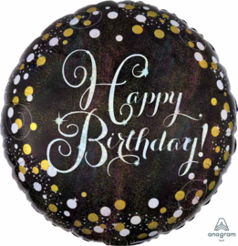 Happy Birthday - Zwarte holographic Folie ballon - Goud/Wit stippen - 18 inch/45cm