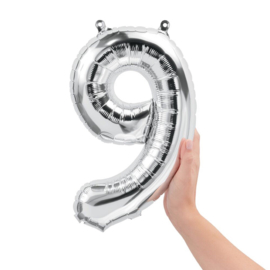 Cijfer - 9 - nummer - zilver - Folie ballon (lucht) - 16inch / 40 cm