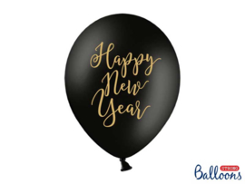 Happy New Year - Zwart / Goud  - Latex Ballon - 12 inch /30 cm - 6 st.