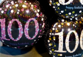 100  - Folie Ballon-Happy Birthday -Confetti - Fuchsia / Zwart  17 Inch / 43 cm.