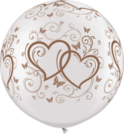 Grote Latex Ballon - Wit met rose Gouden harten print -30Inch /75cm