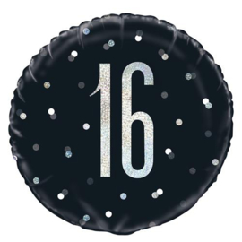 16 - Zwart/Zilver - Folie Ballon - 18 Inch/45 cm