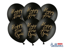 Happy New Year - Zwart / Goud  - Latex Ballon - 12 inch /30 cm - 6 st.