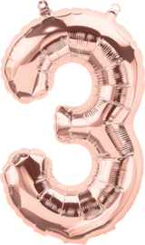 Cijfer - 3 - nummer - Rose Goud - Folie ballon (lucht) - 16inch / 40 cm