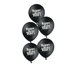Happy-new-year!- zwarte-ballon wit, zilver en gouden letters-gelukkignieuwjaar-oud en nieuw-ballon