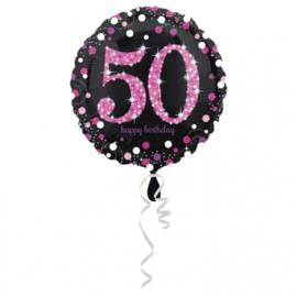 50 - Folie Ballon-Happy Birthday -Confetti  - Fuchsia / Zwart  17 Inch / 43 cm.