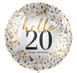 Hello 20 Happy Birthday - Rond Folie Ballon - 17 Inch/43cm