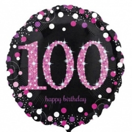 100  - Folie Ballon-Happy Birthday -Confetti - Fuchsia / Zwart  17 Inch / 43 cm.