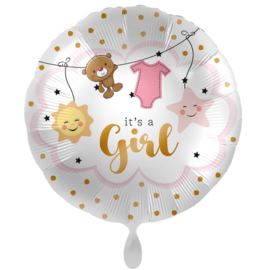 It's a Girl- Waslijntje - Rond Folie Ballon Roze / Goud - 17 Inch/43 cm